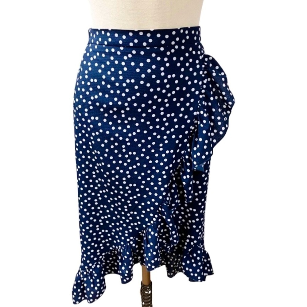 BLUE RAIN Faux Wrap Skirt Women’s SIZE XS Navy/White Polka Dot Ruffle Stretch - Picture 1 of 10